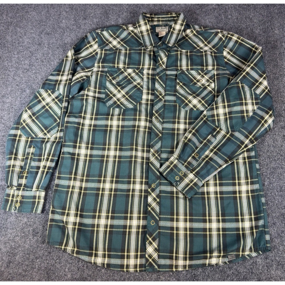 LL Bean Mens Large Tall Plaid Katahdin Performance Snap Wool Blend Elbow Patch